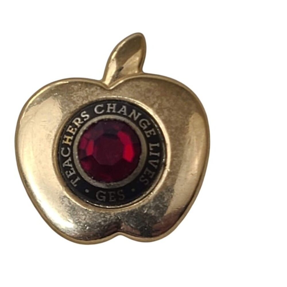 Teachers Change Lives Apple Pin Gold Tone Red Crystal GES School Award - Picture 1 of 6